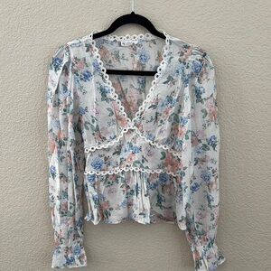 Blue and Gray Long Sleeve Wrap Blouse with Ruffled Peplum